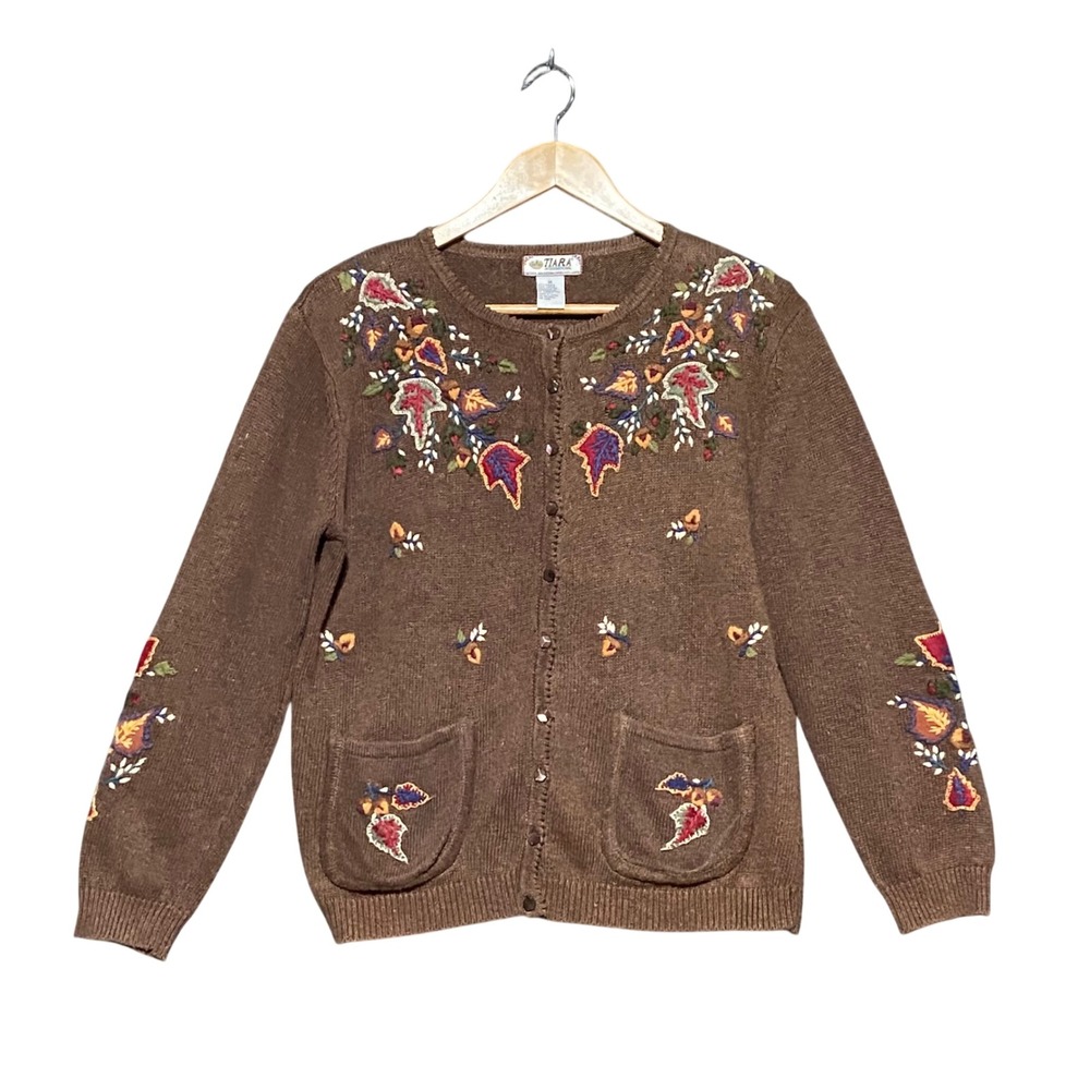 Tiara International Brown Embroidered Fall Leaf Cardigan Sweater Womens Medium